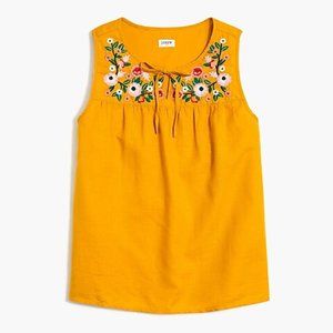 J Crew Embroidered tie neck top in linen-cotton